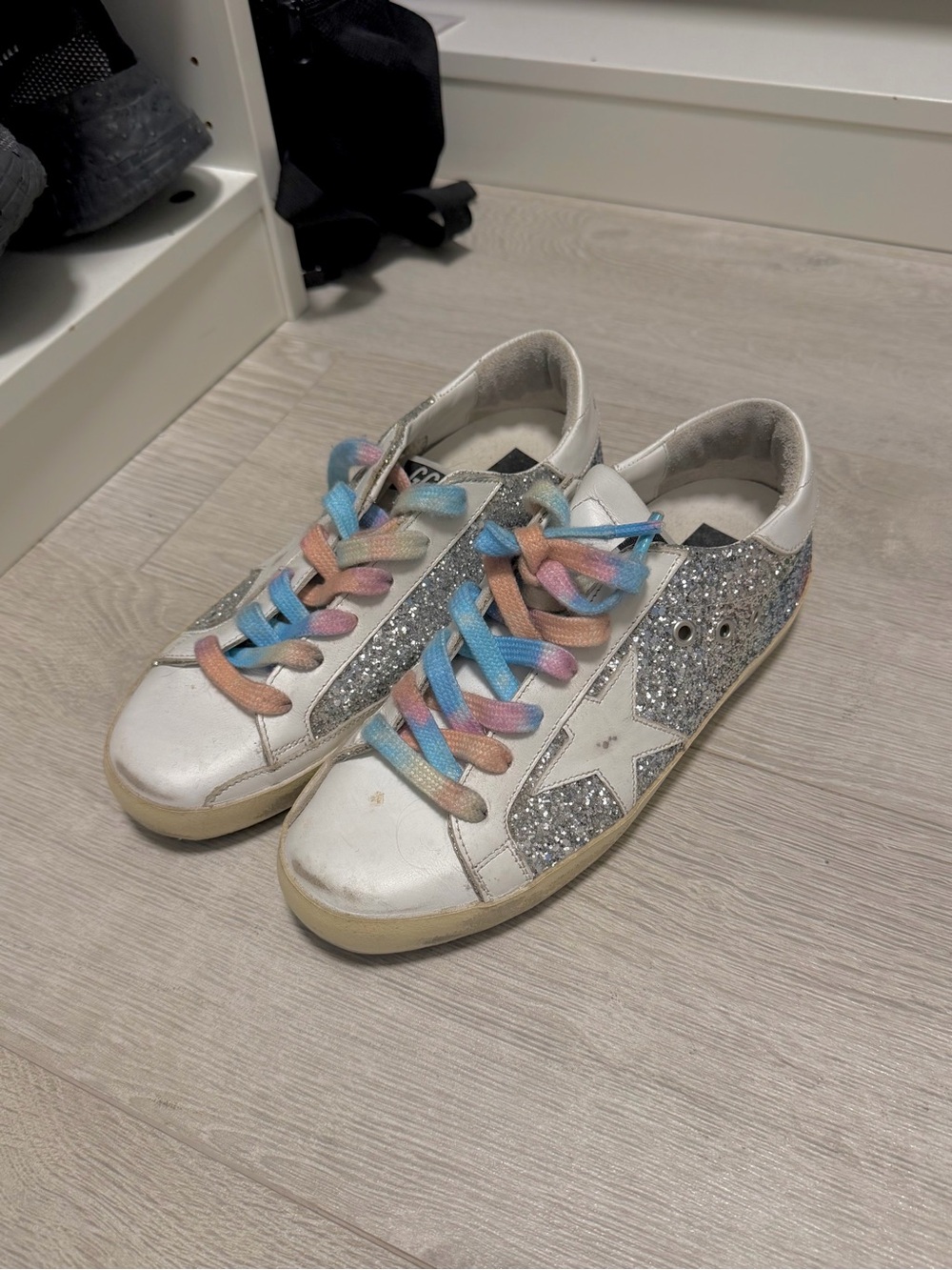 Golden Goose White Sneakers with Silver Glitter and Multicolor Pastel Laces